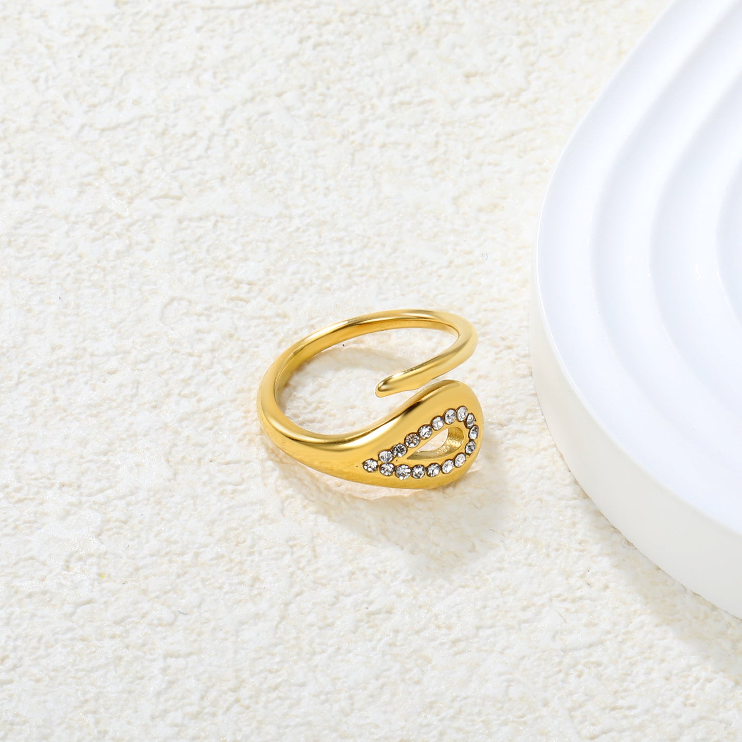 Crystal Teardrop Open Cuff Ring - 18k Gold Plated