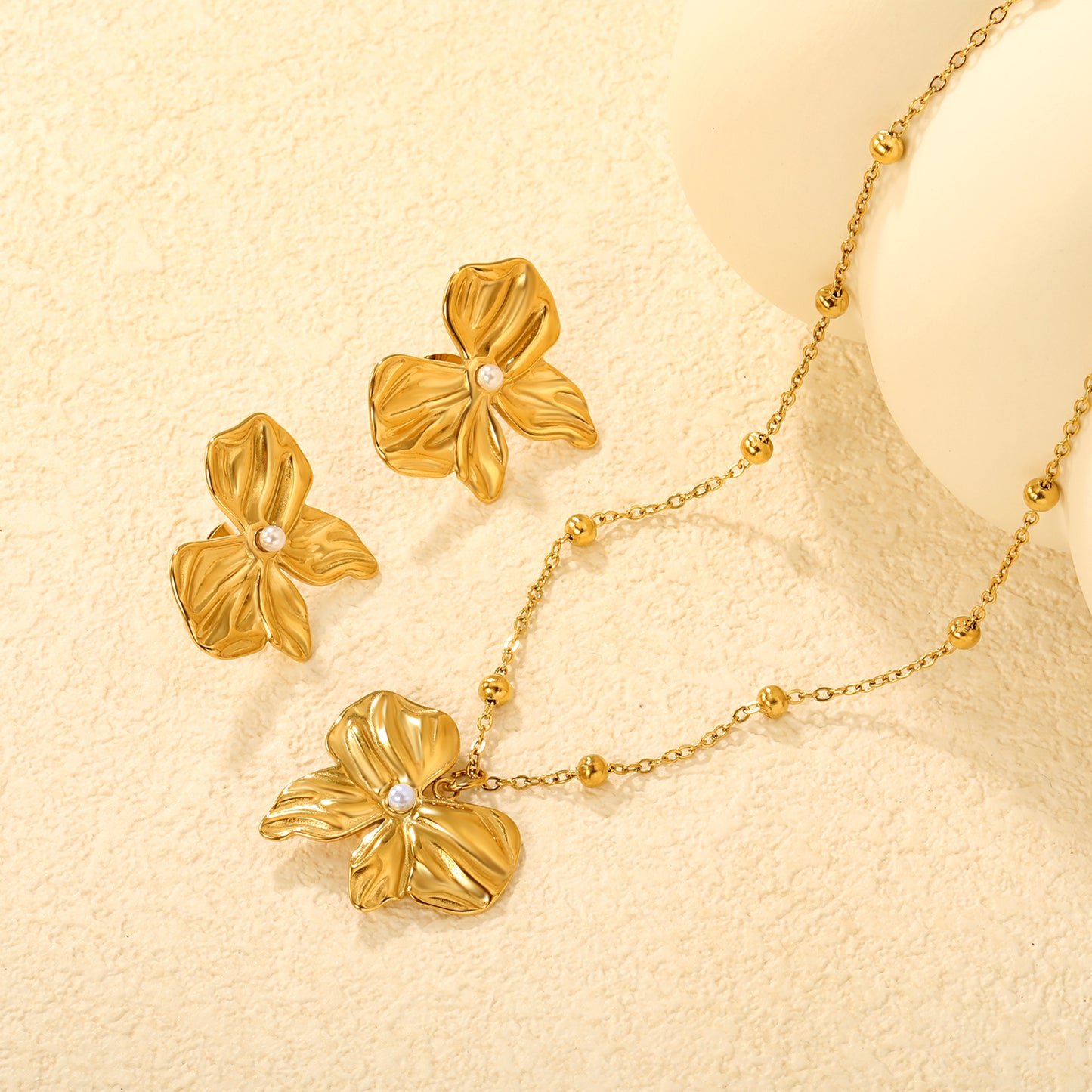 Pearl Bow Necklace & Earrings Set - 18k Gold