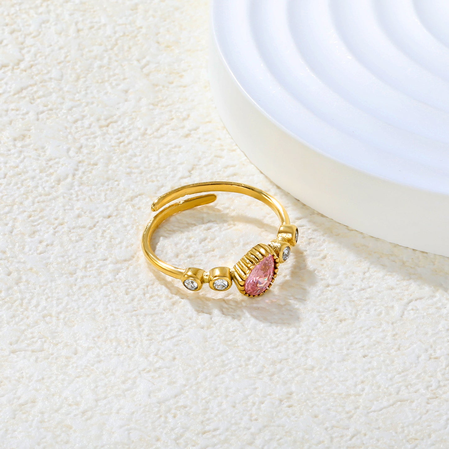 Pink Teardrop Crystal Adjustable Ring - 18k Gold