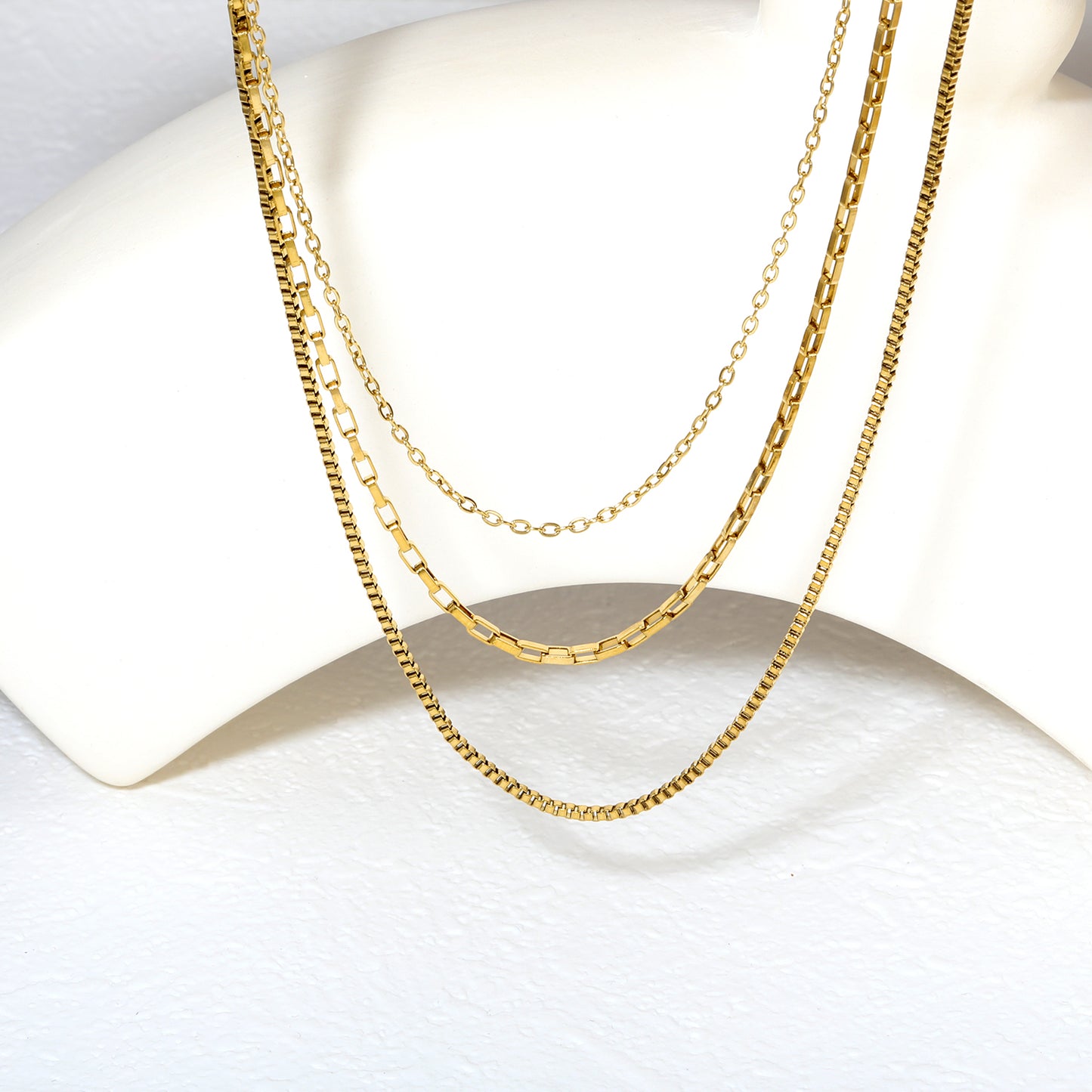 Triple Mixed Chain Necklace - Cable, Bar Link & Box Chain - 18k Gold