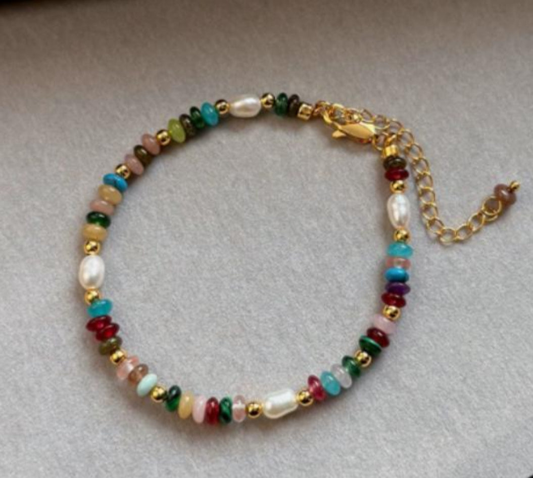 Multicolor Natural Stone & Pearl Bracelet - 18k Gold Plated