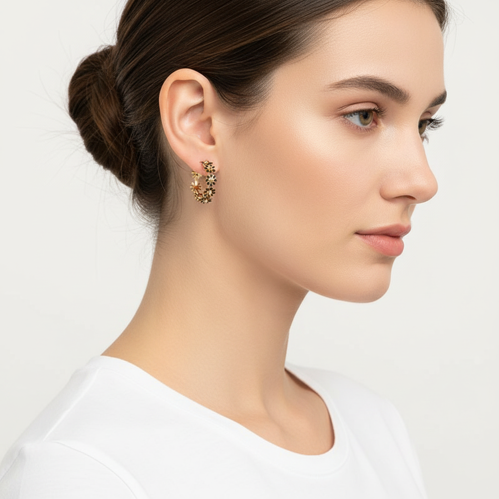 Gold and Black Flower Hoop Earrings - 18k Gold Plated