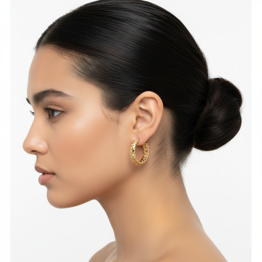 Leaf Pattern Hoop Earrings - 18k Gold Plated
