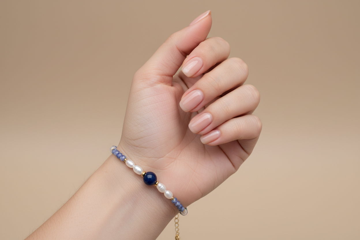 Ocean Blue Pearl Bracelet Close-up with Manicured Nails