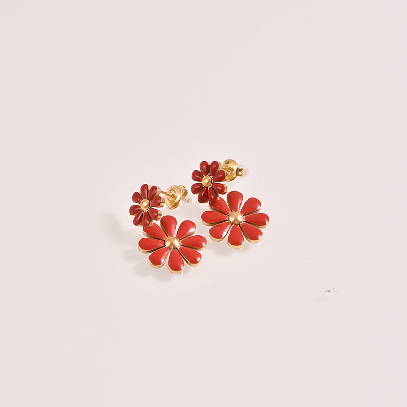 Red Flower Drop Earrings - 18k Gold Plated