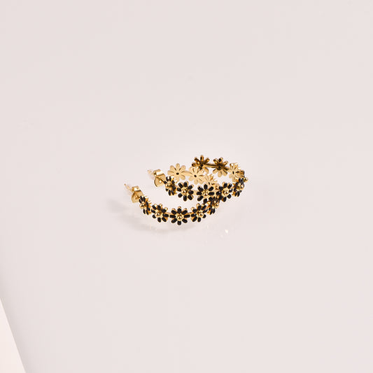 Gold and Black Flower Hoop Earrings - 18k Gold Plated