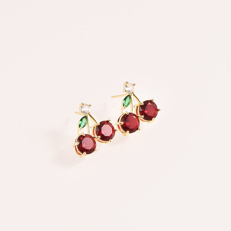 Cherry Crystal Stud Earrings - 18k Gold Plated