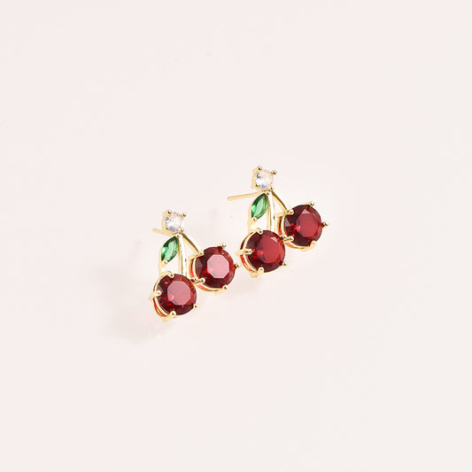 Cherry Crystal Stud Earrings - 18k Gold Plated