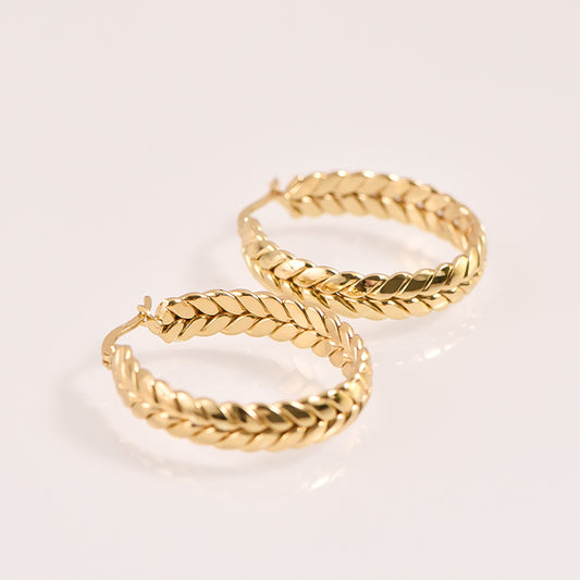 Leaf Pattern Hoop Earrings - 18k Gold Plated