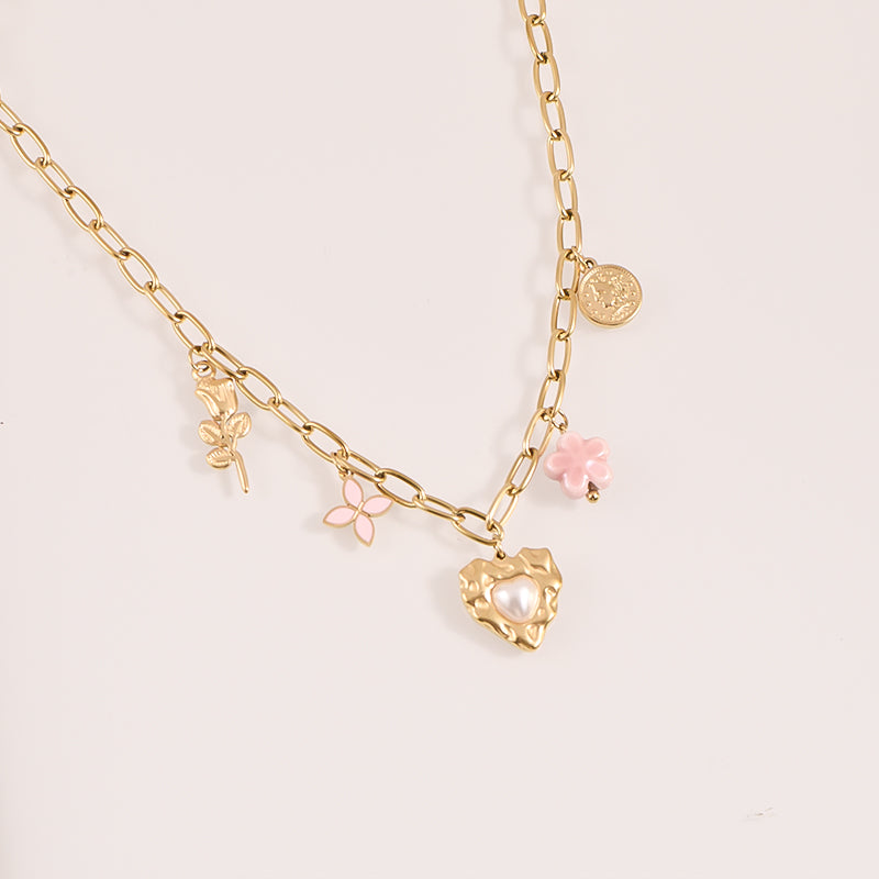 Heart Multi-Charm Chain Necklace - 18k Gold Plated