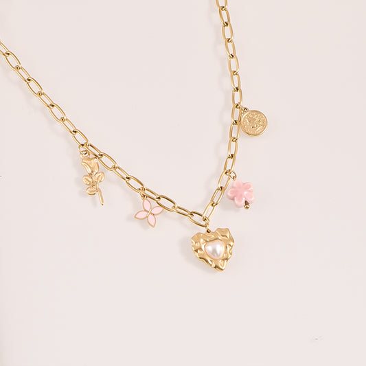 Heart Multi-Charm Chain Necklace - 18k Gold Plated