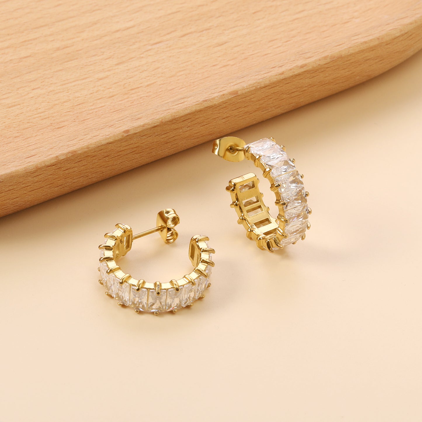 Crystal Baguette Hoop Earrings - 18k Gold Plated