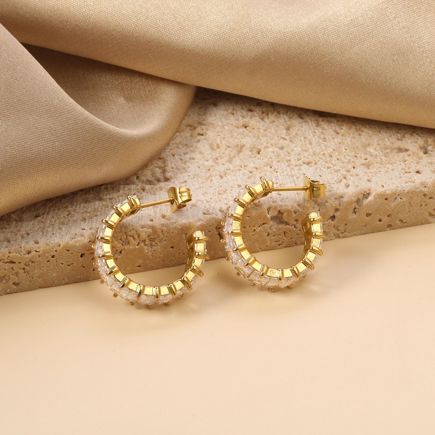 Crystal Baguette Hoop Earrings - 18k Gold Plated