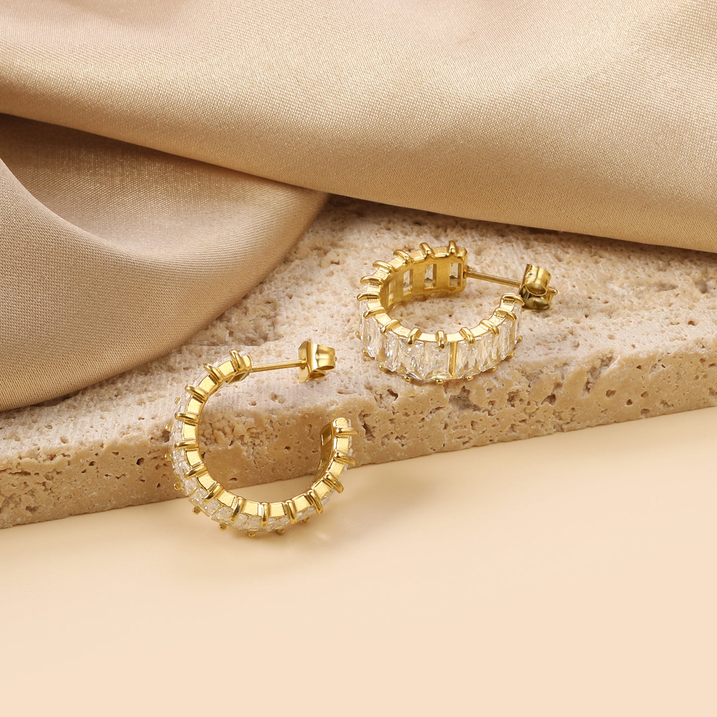 Crystal Baguette Hoop Earrings - 18k Gold Plated