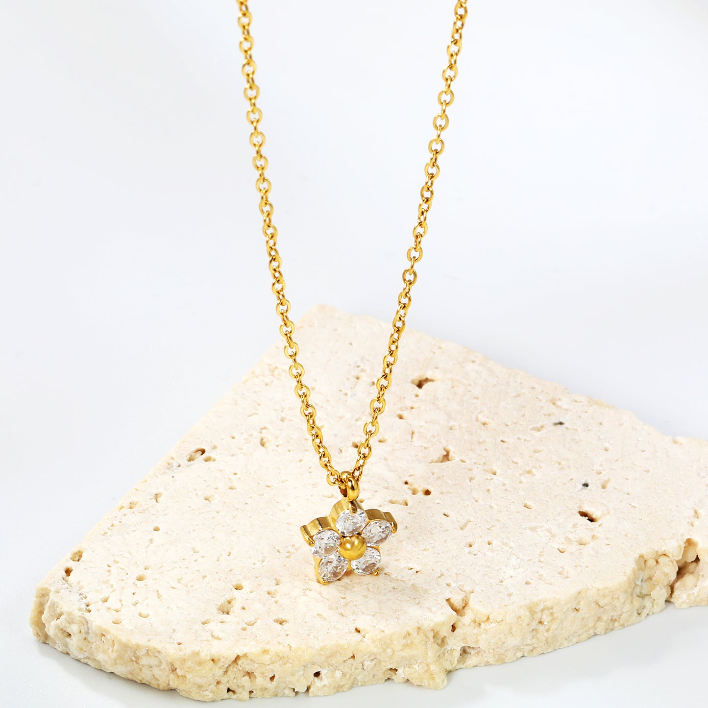 Crystal Flower Pendant Necklace - 18k Gold