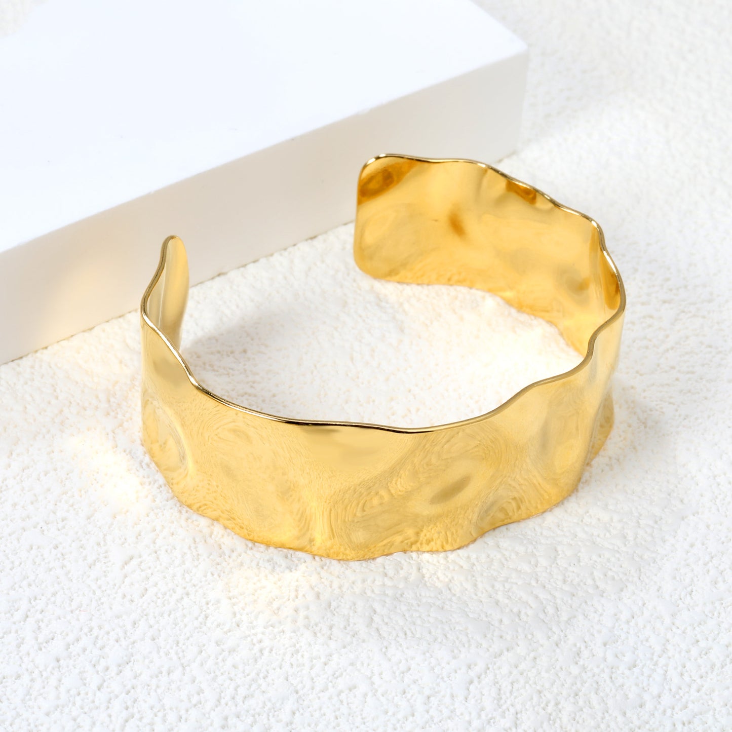 Wide Molten Texture Cuff Bangle - 18k Gold Plated