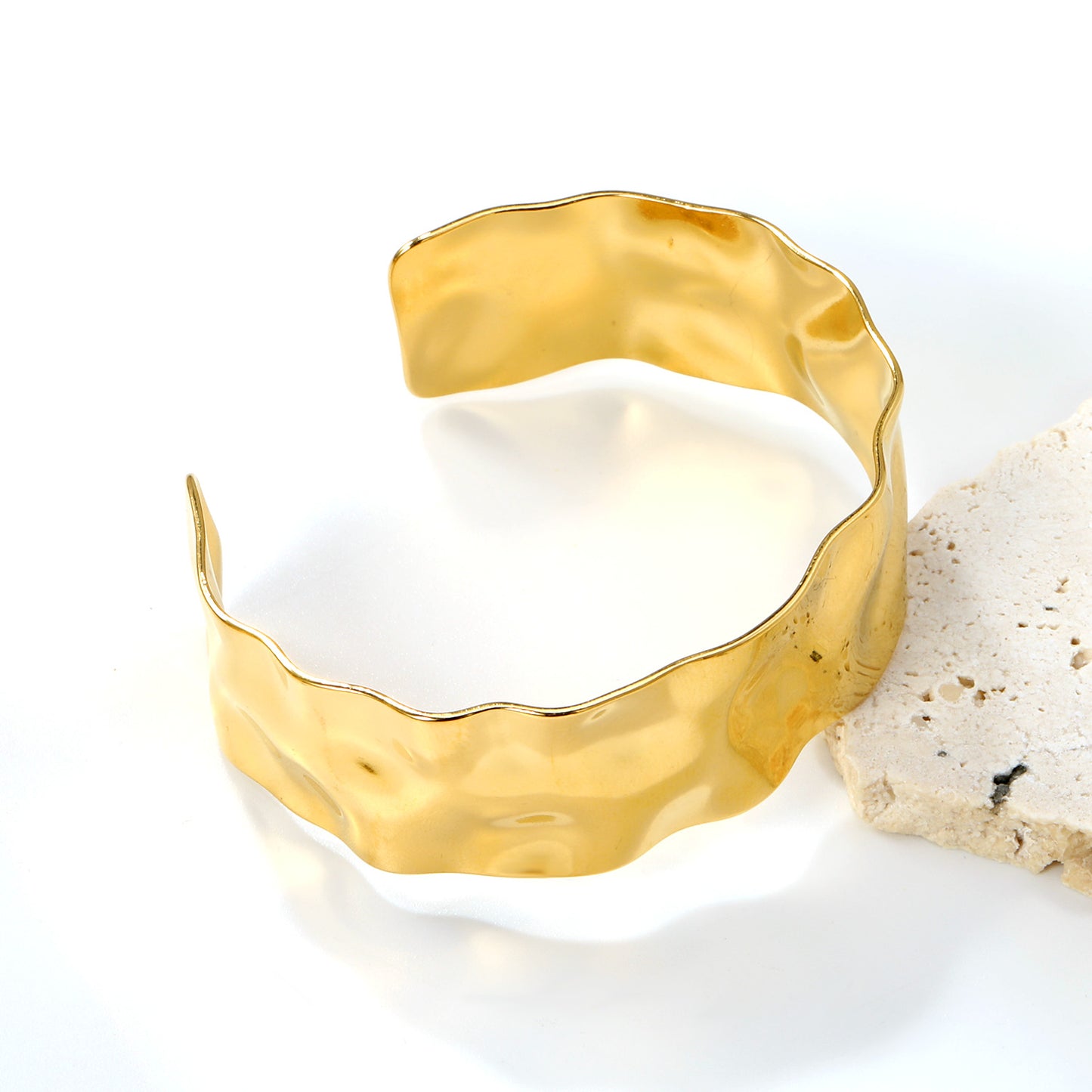 Wide Molten Texture Cuff Bangle - 18k Gold Plated