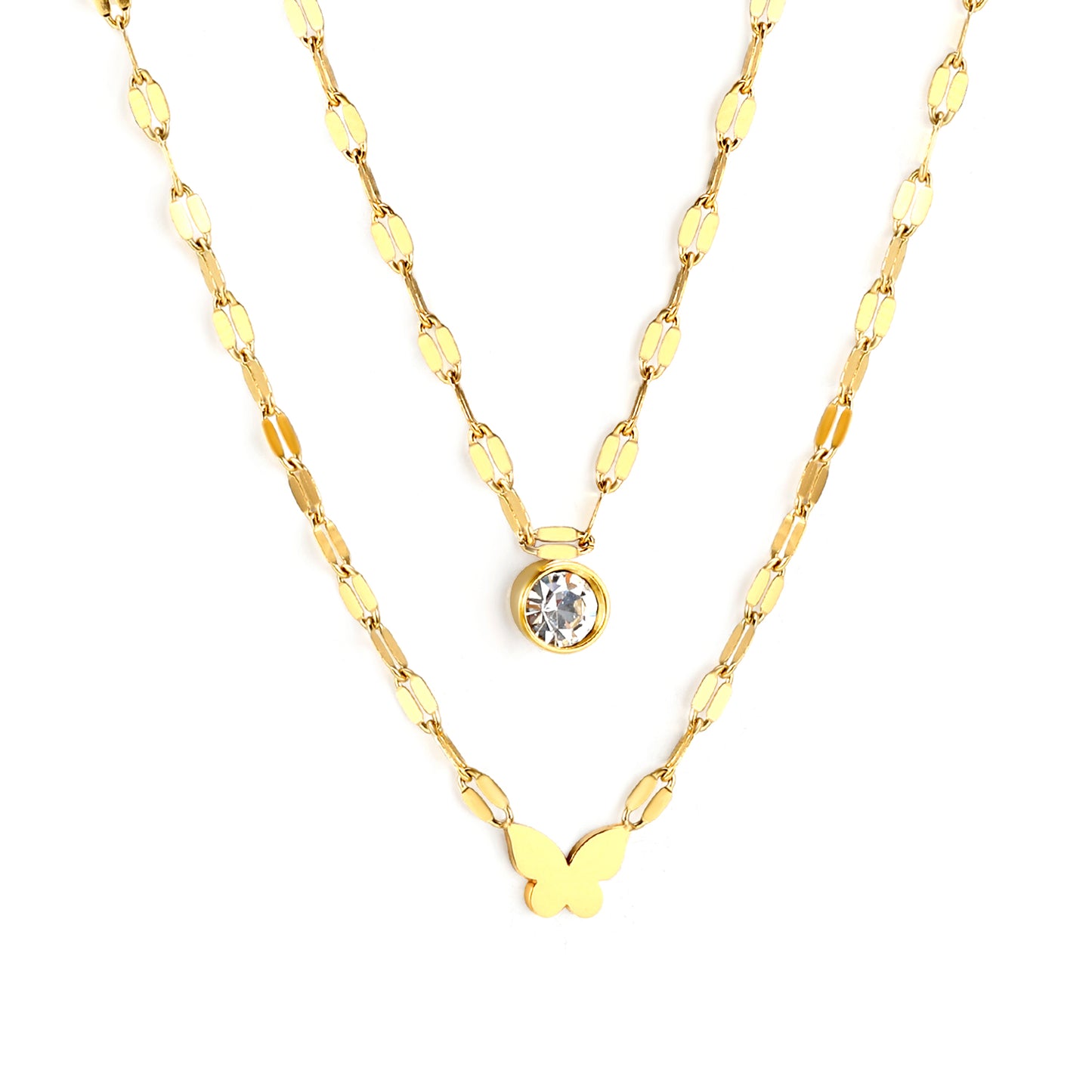 Double Layer Butterfly & Crystal Pendant Necklace - 18k Gold Plated