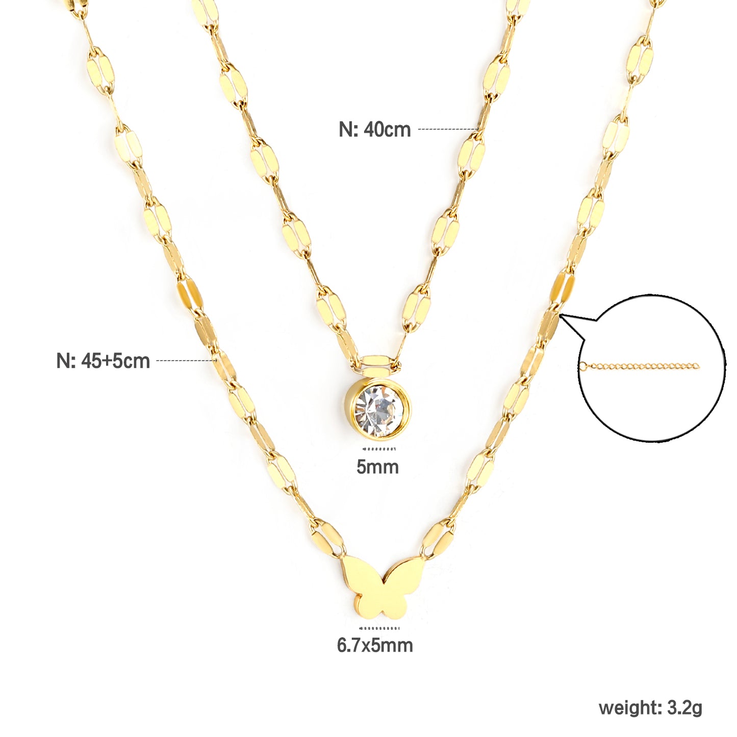 Double Layer Butterfly & Crystal Pendant Necklace - 18k Gold Plated