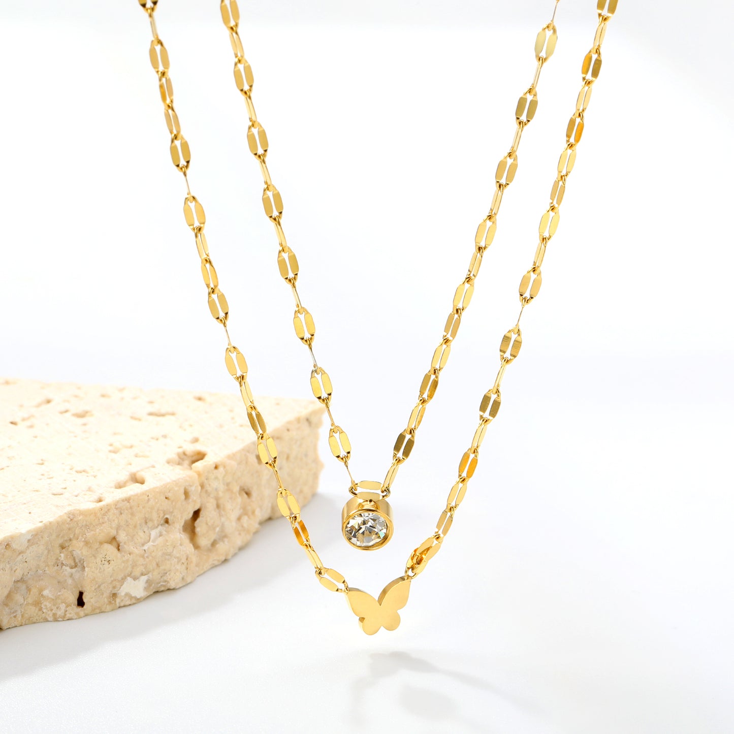 Double Layer Butterfly & Crystal Pendant Necklace - 18k Gold Plated