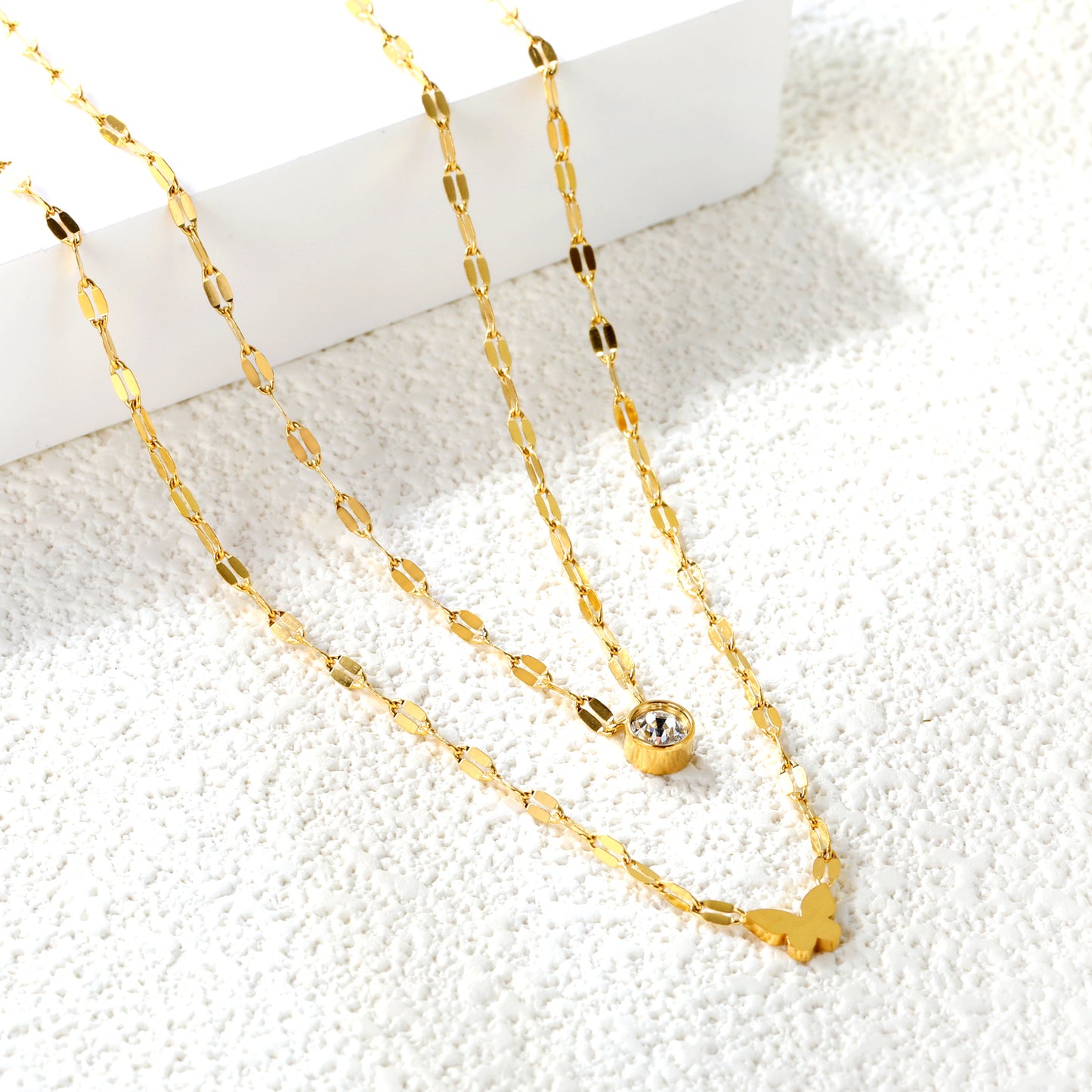 Double Layer Butterfly & Crystal Pendant Necklace - 18k Gold Plated