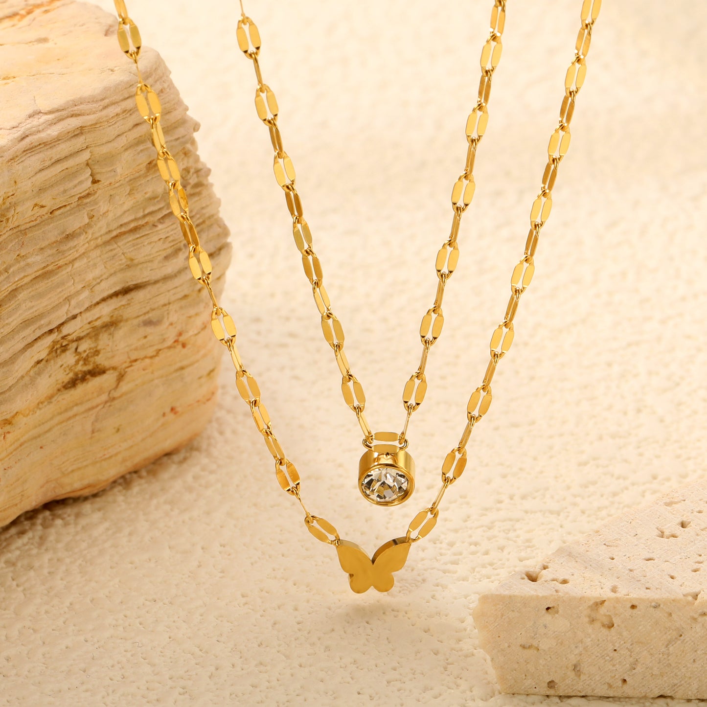 Double Layer Butterfly & Crystal Pendant Necklace - 18k Gold Plated
