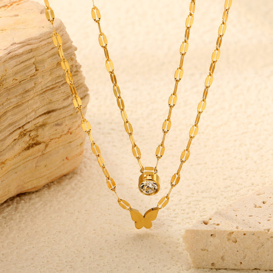 Double Layer Butterfly & Crystal Pendant Necklace - 18k Gold Plated