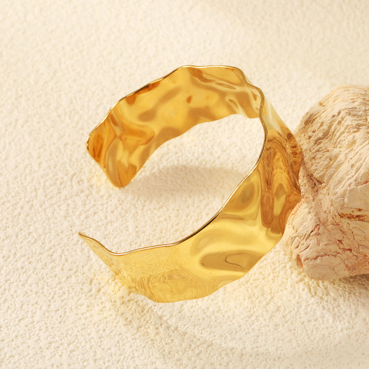 Wide Molten Texture Cuff Bangle - 18k Gold Plated