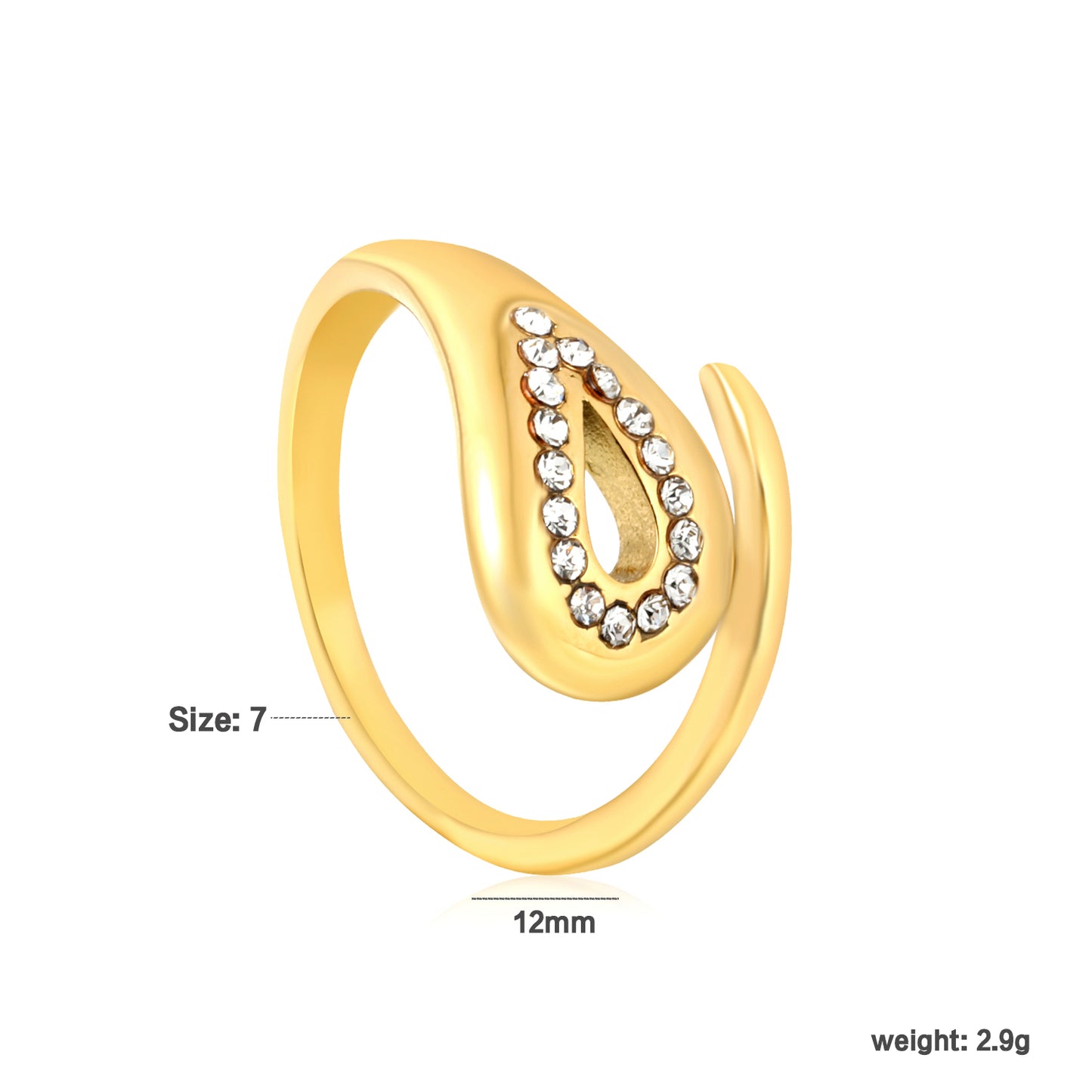 Crystal Teardrop Open Cuff Ring - 18k Gold Plated