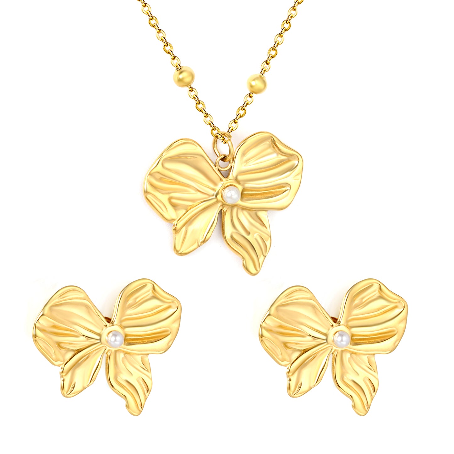 Pearl Bow Necklace & Earrings Set - 18k Gold