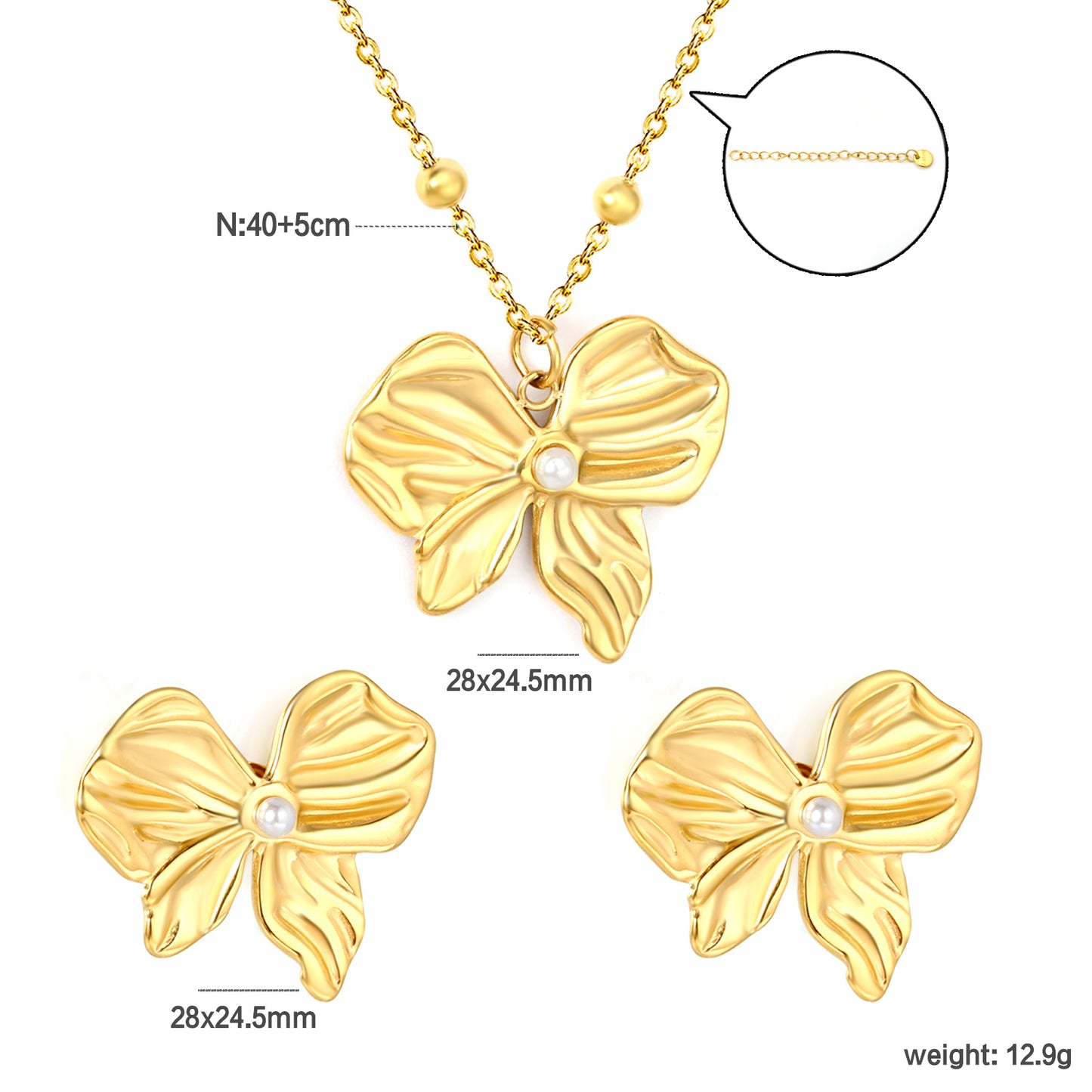 Pearl Bow Necklace & Earrings Set - 18k Gold