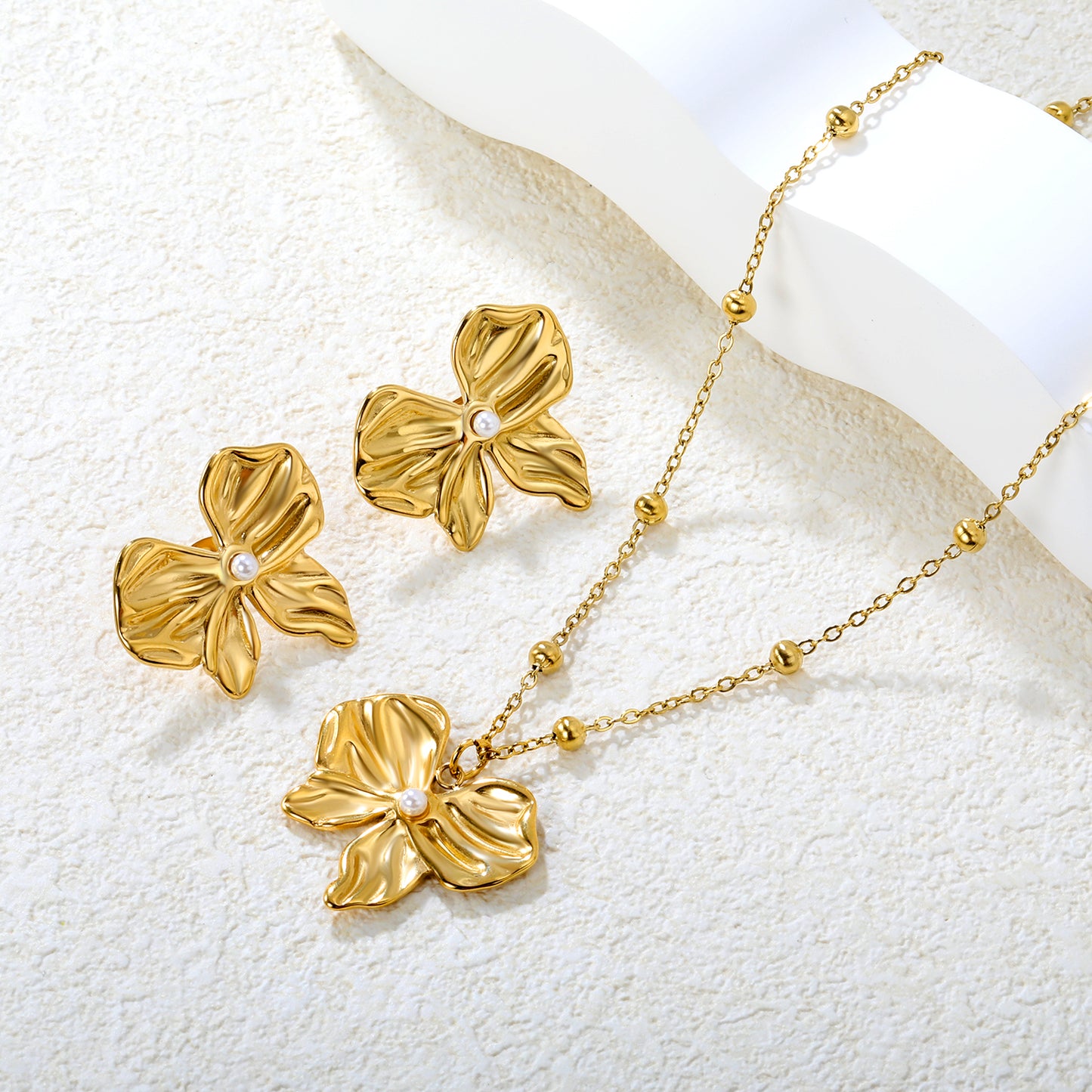 Pearl Bow Necklace & Earrings Set - 18k Gold