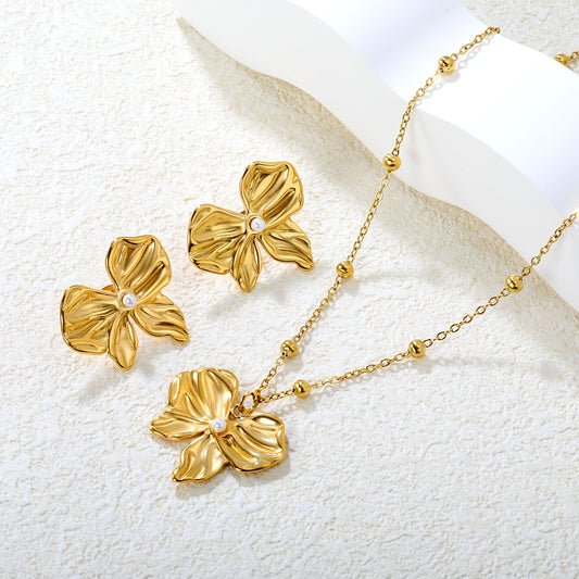 Pearl Bow Necklace & Earrings Set - 18k Gold