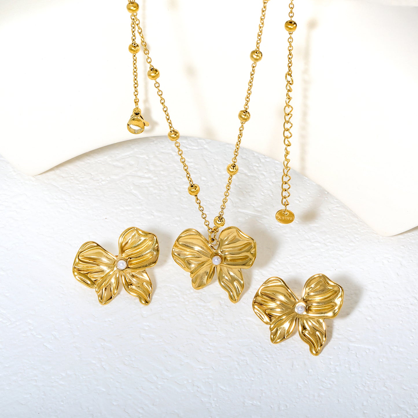 Pearl Bow Necklace & Earrings Set - 18k Gold