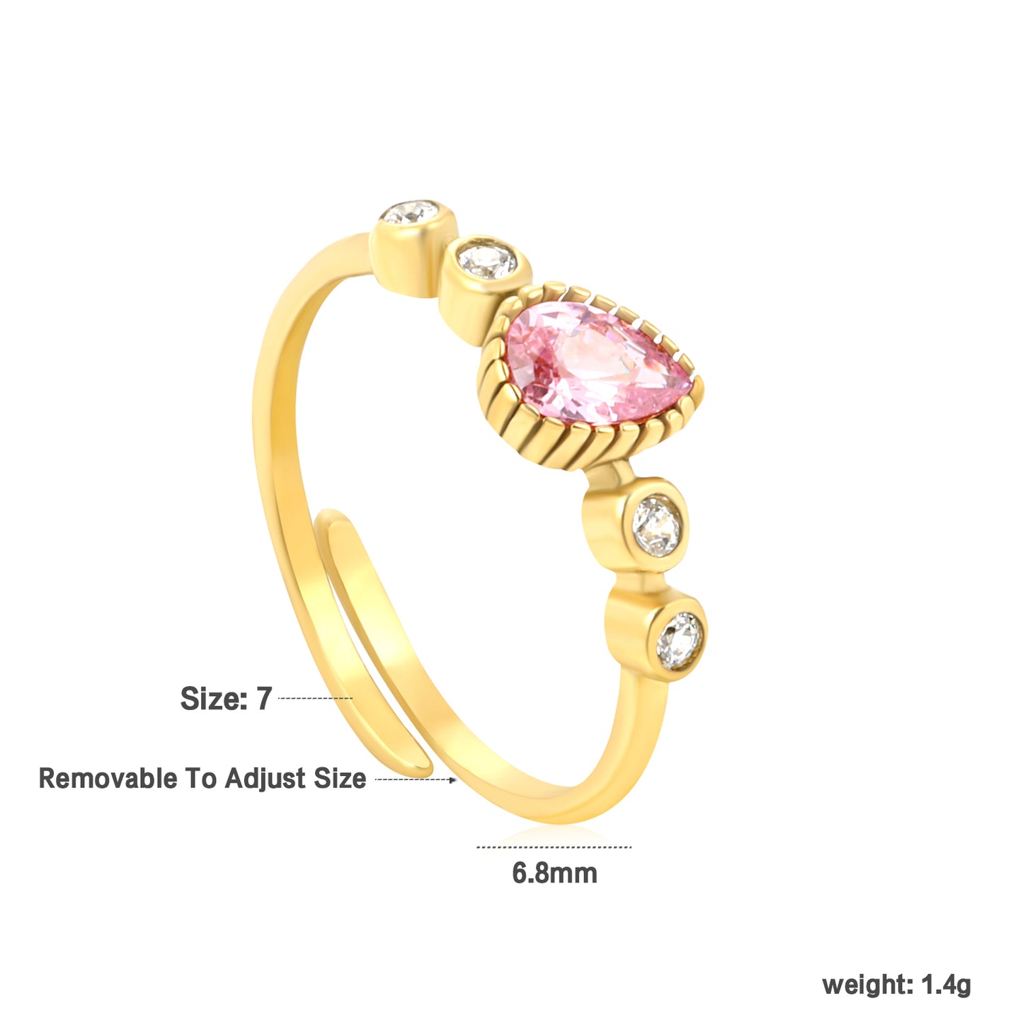 Pink Teardrop Crystal Adjustable Ring - 18k Gold