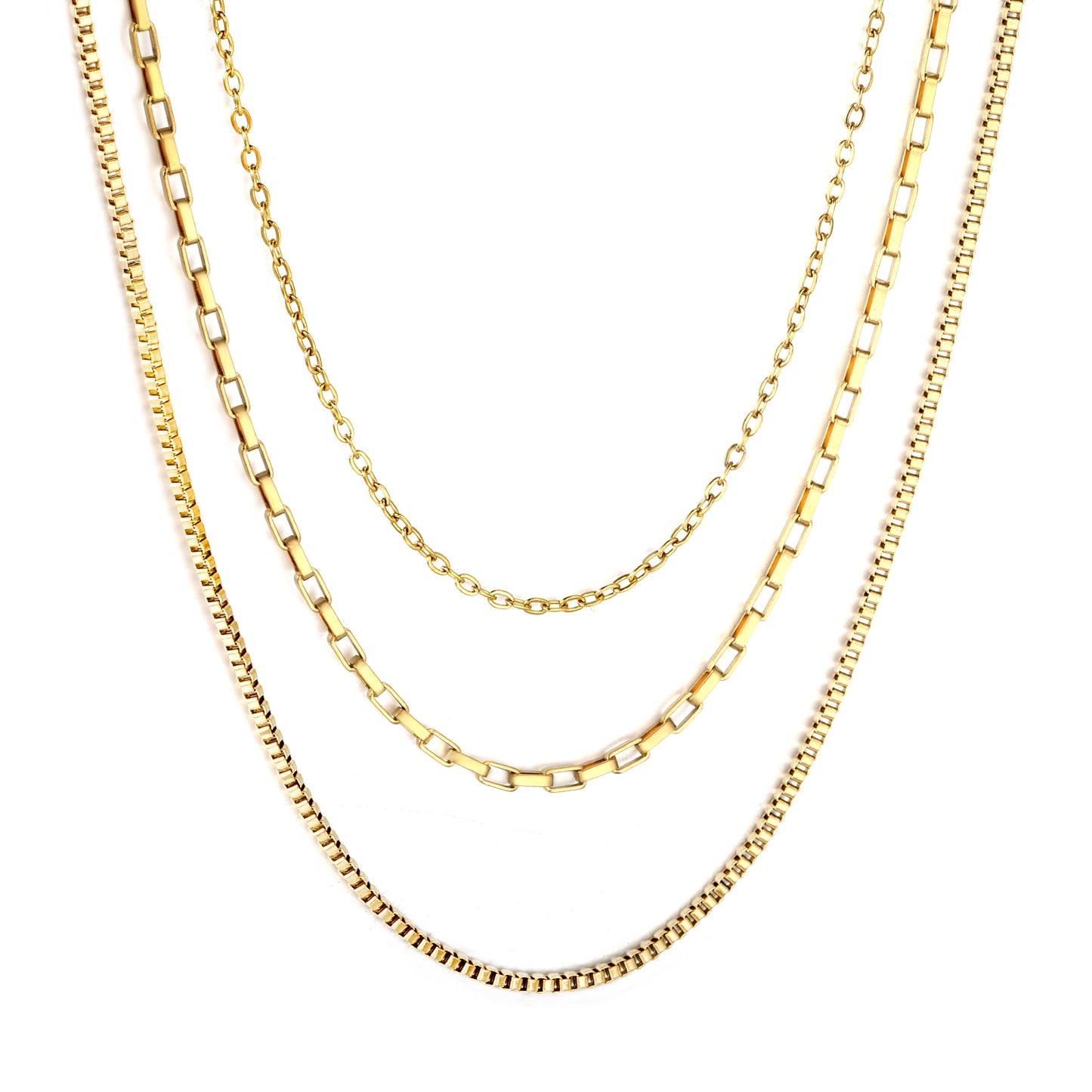 Triple Mixed Chain Necklace - Cable, Bar Link & Box Chain - 18k Gold