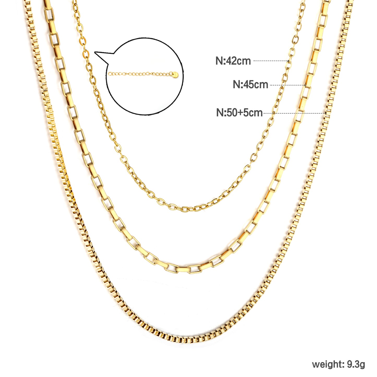 Triple Mixed Chain Necklace - Cable, Bar Link & Box Chain - 18k Gold