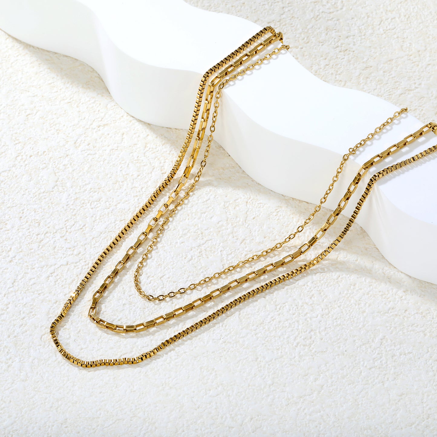 Triple Mixed Chain Necklace - Cable, Bar Link & Box Chain - 18k Gold