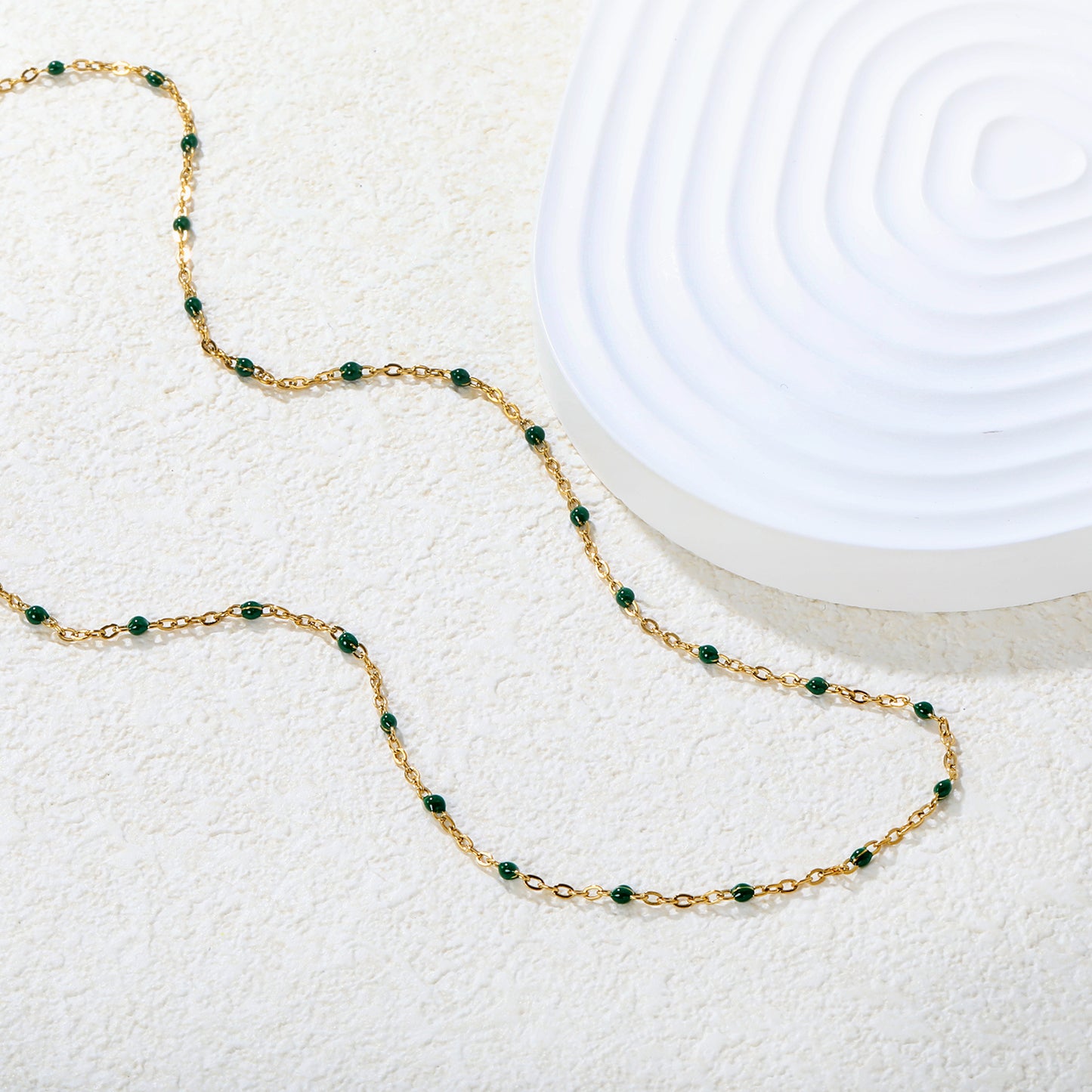 Emerald Green Bead Chain Necklace - 18k Gold Plated