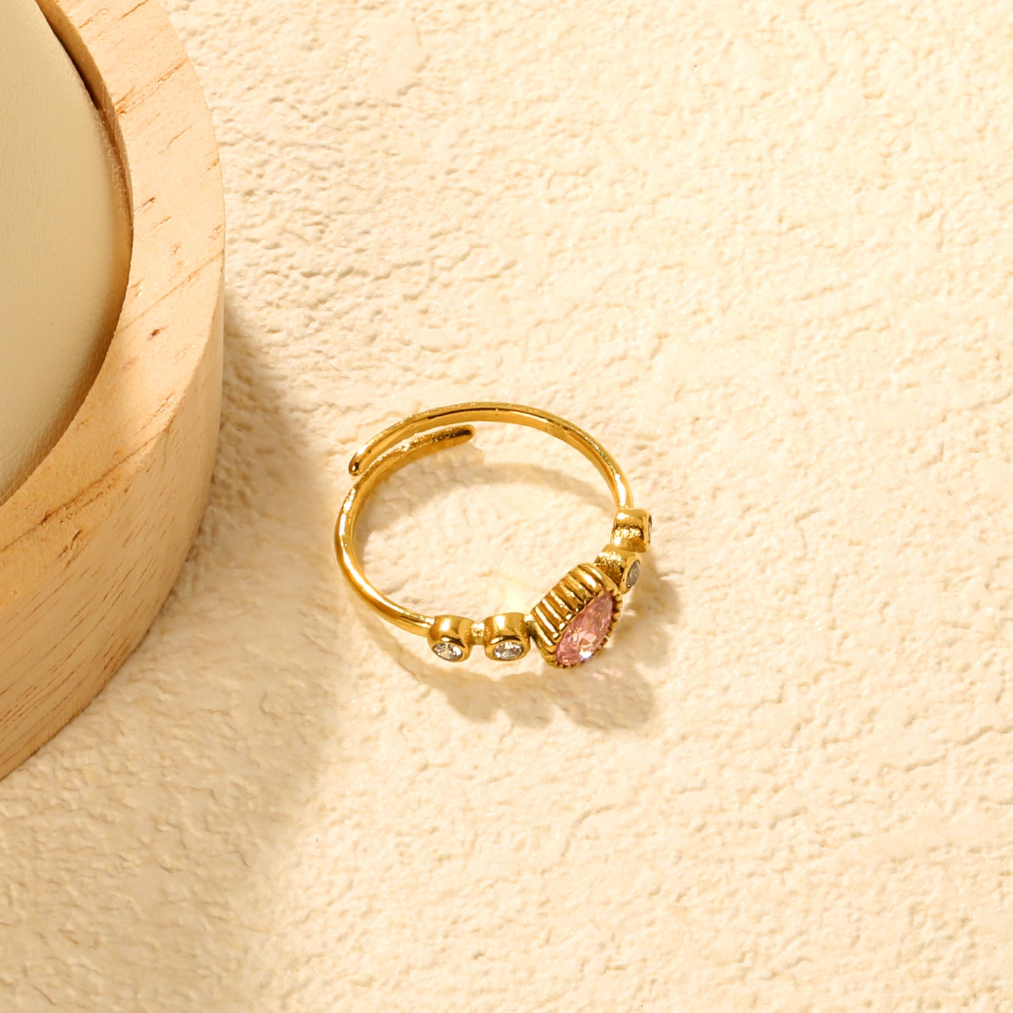 Pink Teardrop Crystal Adjustable Ring - 18k Gold