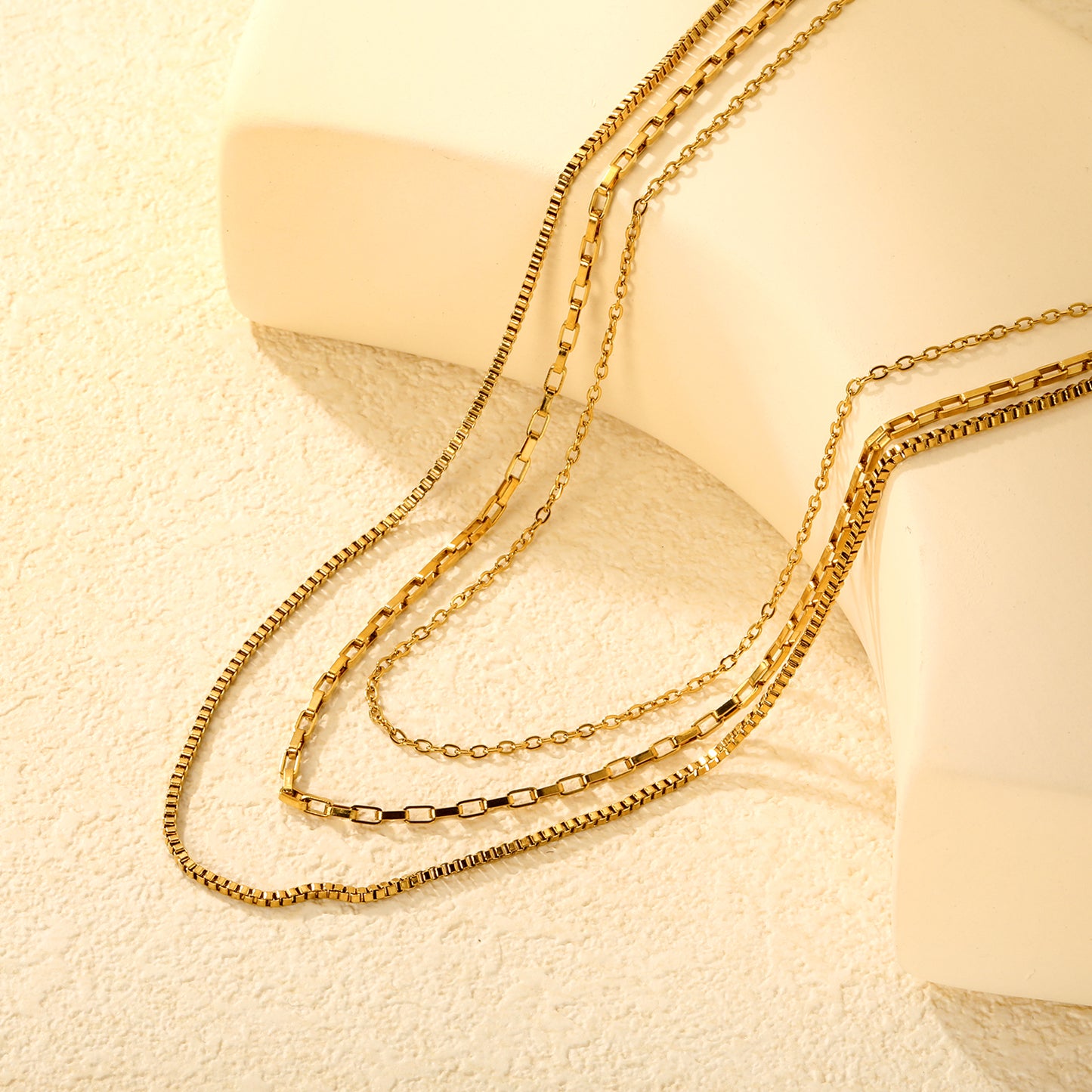 Triple Mixed Chain Necklace - Cable, Bar Link & Box Chain - 18k Gold