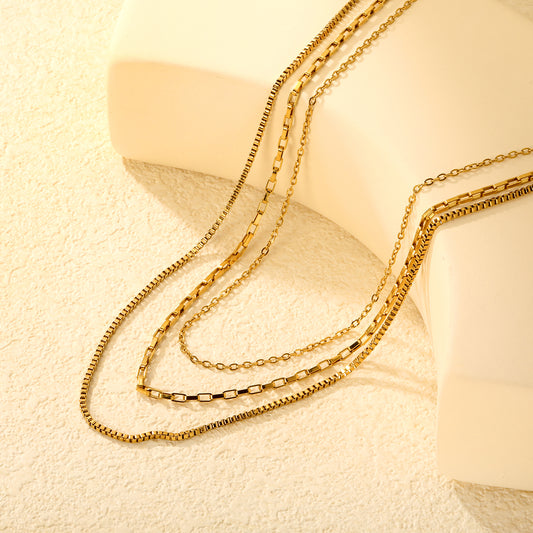 Triple Mixed Chain Necklace - Cable, Bar Link & Box Chain - 18k Gold