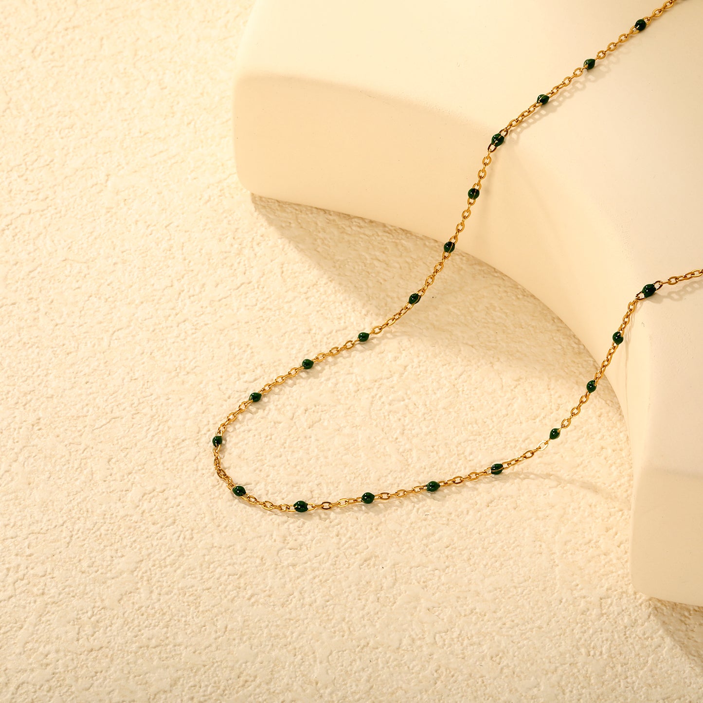Emerald Green Bead Chain Necklace - 18k Gold Plated