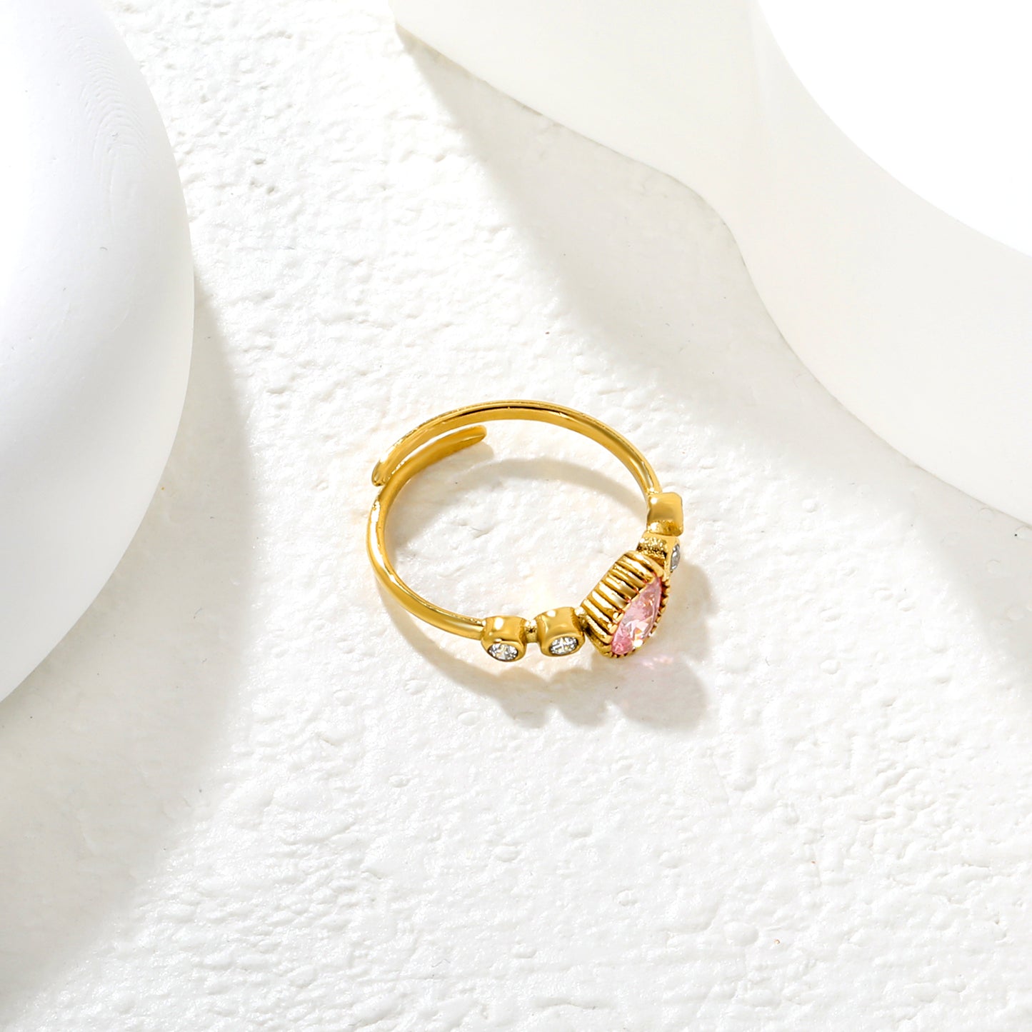 Pink Teardrop Crystal Adjustable Ring - 18k Gold