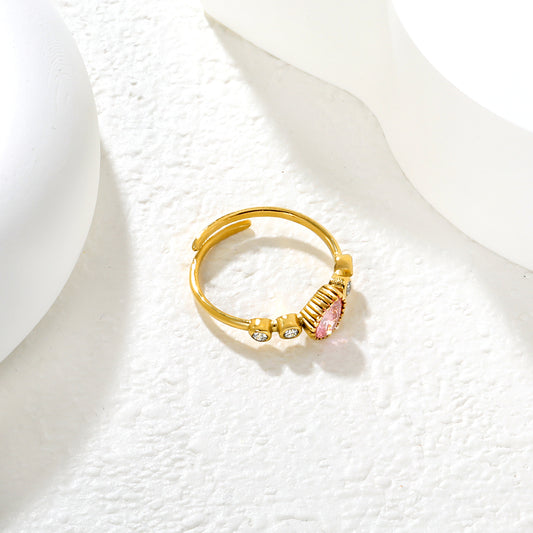 Pink Teardrop Crystal Adjustable Ring - 18k Gold