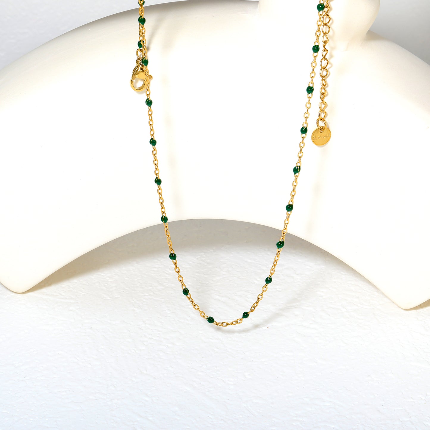 Emerald Green Bead Chain Necklace - 18k Gold Plated