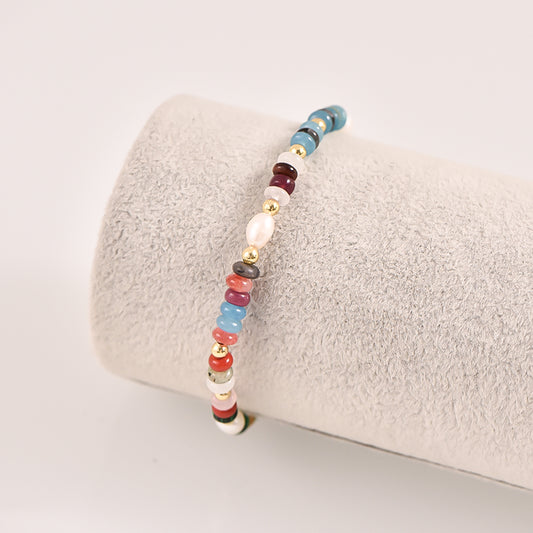 Multicolor Natural Stone & Pearl Bracelet - 18k Gold Plated