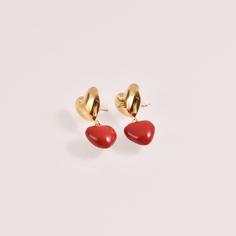 Gold and Red Heart Drop Earrings - 18k Gold Plated