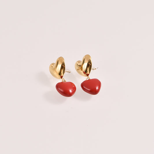 Gold and Red Heart Drop Earrings - 18k Gold Plated
