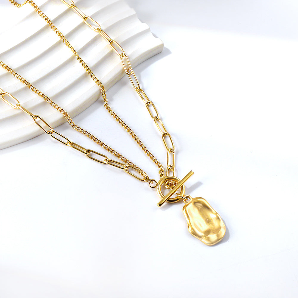 Double Layer Necklace with Molten Pendant - 18k Gold Plated